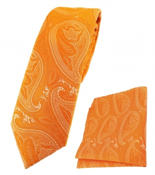 schmale TigerTie Krawatte + Einstecktuch in orange silber Paisley gemustert