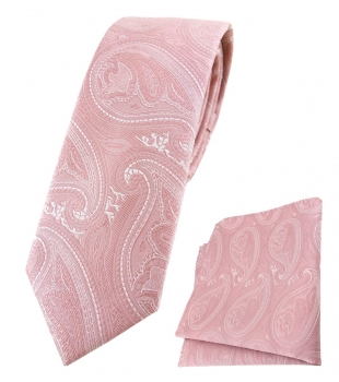 schmale TigerTie Krawatte + Einstecktuch rosa altrosa silber Paisley gemustert