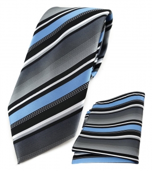 TigerTie Krawatte + Einstecktuch in hellblau silber grau weiss schwarz gestreift