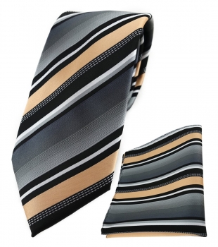 TigerTie Krawatte + Einstecktuch in lachs silber grau weiss schwarz gestreift