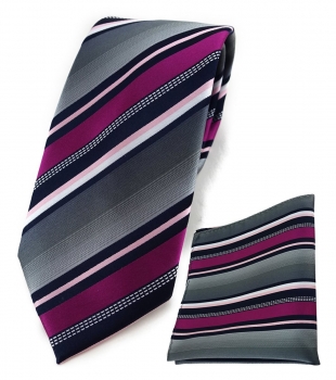 TigerTie Krawatte + Einstecktuch in magenta silber grau weiss schwarz gestreift