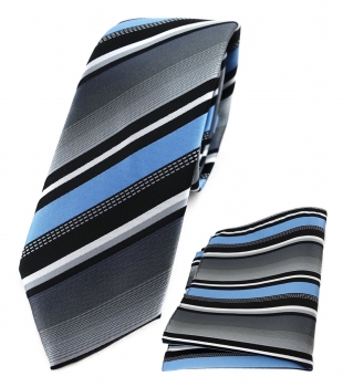 schmale TigerTie Krawatte + Einstecktuch in blau grau weiss schwarz gestreift
