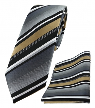 schmale TigerTie Krawatte + Einstecktuch in gold grau weiss schwarz gestreift