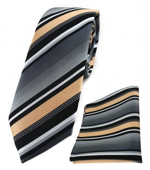 schmale TigerTie Krawatte + Einstecktuch in lachs grau weiss schwarz gestreift