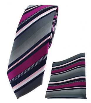 schmale TigerTie Krawatte + Einstecktuch in magenta grau weiss schwarz gestreift