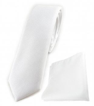 schmale TigerTie Krawatte + Einstecktuch in weiss fein gepunktet - Breite 4,5 cm