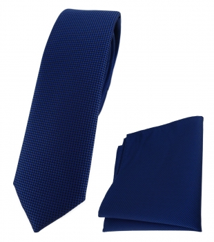 schmale TigerTie Krawatte + Einstecktuch in blau fein gepunktet - Breite 4,5 cm
