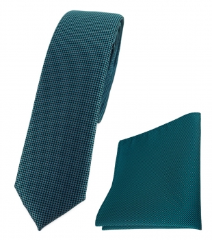 schmale TigerTie Krawatte + Einstecktuch petrol fein gepunktet - Breite 4,5 cm