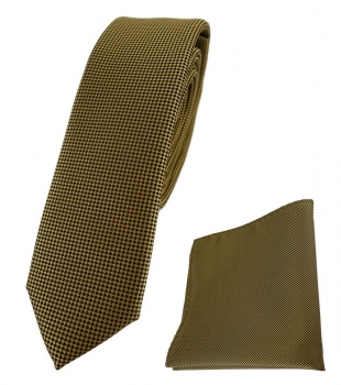 schmale TigerTie Krawatte + Einstecktuch in dunkles gold fein gepunktet - 4,5 cm