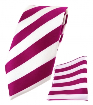 TigerTie Designer Krawatte + TigerTie Einstecktuch in magenta weiss gestreift