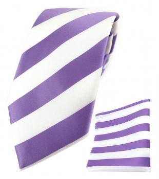 TigerTie Designer Krawatte + TigerTie Einstecktuch in flieder weiss gestreift