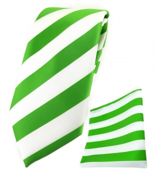 TigerTie Designer Krawatte + TigerTie Einstecktuch in grasgrün weiss gestreift