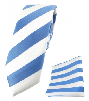 schmale TigerTie Krawatte + TigerTie Einstecktuch in blau weiss gestreift