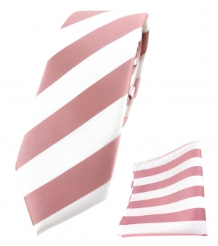 schmale TigerTie Krawatte + TigerTie Einstecktuch in rosa weiss gestreift