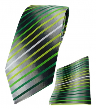 TigerTie Krawatte + Einstecktuch in grün hellgrün weiss silbergrau gestreift