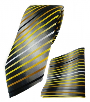 TigerTie Krawatte + Einstecktuch gelb braun weiss silbergrau schwarz gestreift