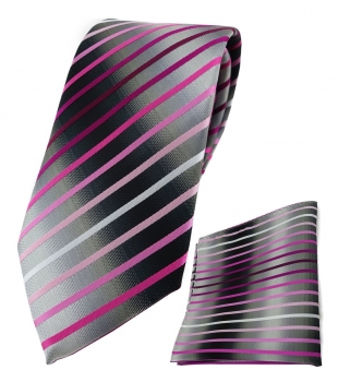 TigerTie Krawatte + Einstecktuch in rosa pink weiss silbergrau schwarz gestreift