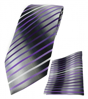 TigerTie Krawatte + Einstecktuch in lila flieder silbergrau schwarz gestreift