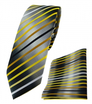schmale TigerTie Krawatte + Einstecktuch gelb braun silbergrau schwarz gestreift