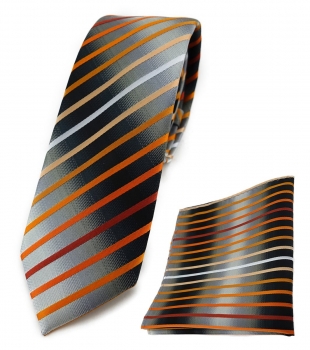 schmale TigerTie Krawatte + Einstecktuch orange silbergrau schwarz gestreift
