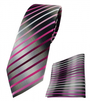 schmale TigerTie Krawatte + Einstecktuch rosa weiss silbergrau schwarz gestreift