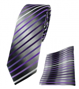 schmale TigerTie Krawatte + Einstecktuch lila flieder grau schwarz gestreift