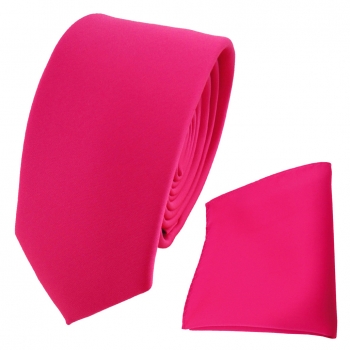 schmale TigerTie Krawatte + Einstecktuch pink knallpink neonfarben einfarbig Uni