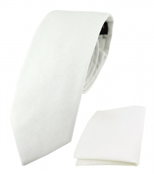 TigerTie Krawatte + Einstecktuch aus 100% Baumwolle in weiß Unicolor einfarbig