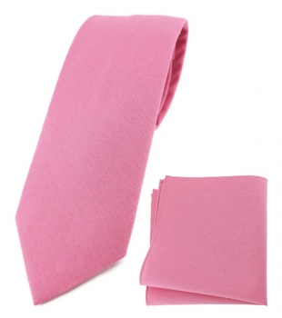TigerTie Krawatte + Einstecktuch aus 100% Baumwolle in rosa pink Uni einfarbig