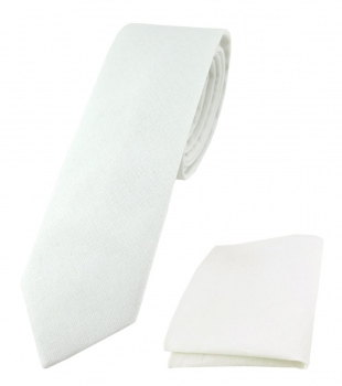 TigerTie - schmale Krawatte + Einstecktuch aus 100% Baumwolle in weiß einfarbig