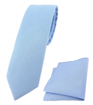 TigerTie - schmale Krawatte + Einstecktuch aus 100% Baumwolle in hellblau uni