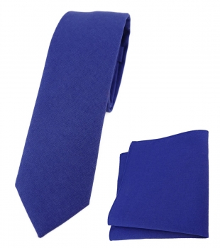 TigerTie - schmale Krawatte + Einstecktuch aus 100% Baumwolle in royal unicolor