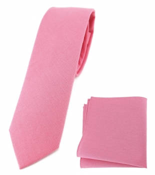 TigerTie - schmale Krawatte + Einstecktuch aus 100% Baumwolle rosa pink unicolor