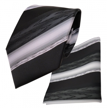 TigerTie Krawatte + Einstecktuch schwarz anthrazit grau silber gestreift