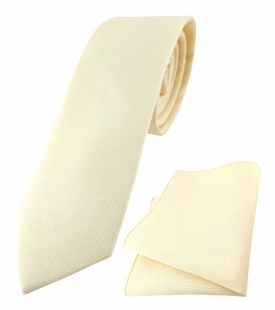 schmale TigerTie Krawatte + Einstecktuch aus 100% Baumwolle gelbbeige einfarbig