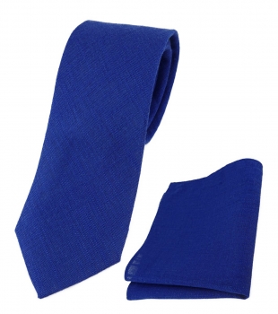 TigerTie Designer Leinen Krawatte + Einstecktuch in royalblau einfarbig uni