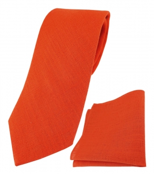 TigerTie Designer Leinen Krawatte + Einstecktuch in blutorange einfarbig uni