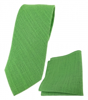 TigerTie Designer Leinen Krawatte + Einstecktuch in grasgrün einfarbig uni