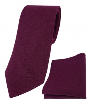 TigerTie Designer Leinen Krawatte + Einstecktuch in pflaume einfarbig uni