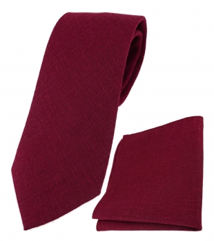 TigerTie Designer Leinen Krawatte + Einstecktuch in bordeaux einfarbig uni