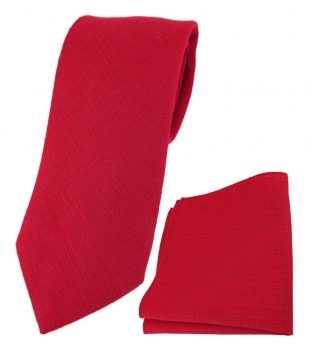 TigerTie Designer Leinen Krawatte + Einstecktuch in rot einfarbig uni