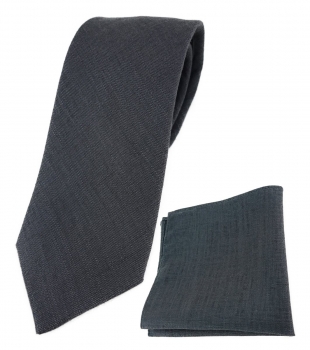 TigerTie Designer Leinen Krawatte + Einstecktuch in anthrazit einfarbig uni