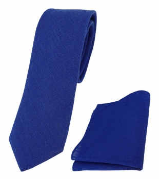 TigerTie - schmale Leinen Krawatte + Einstecktuch in royalblau einfarbig uni