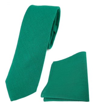 TigerTie - schmale Leinen Krawatte + Einstecktuch in petrol einfarbig uni