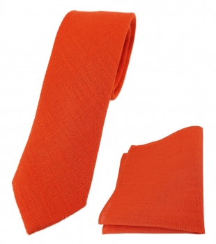 TigerTie - schmale Leinen Krawatte + Einstecktuch in blutorange einfarbig uni