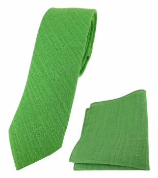 TigerTie - schmale Leinen Krawatte + Einstecktuch in grasgrün einfarbig uni
