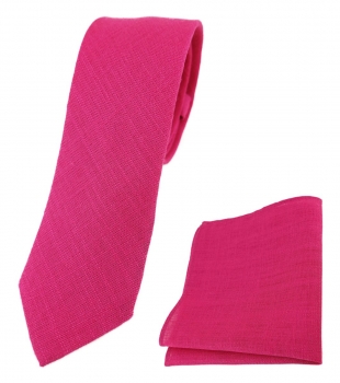 TigerTie - schmale Leinen Krawatte + Einstecktuch in magenta einfarbig uni