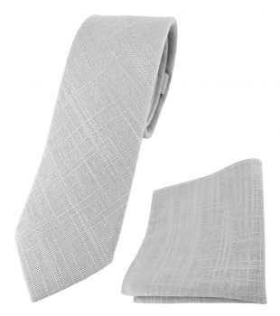 TigerTie - schmale Leinen Krawatte + Einstecktuch in grau einfarbig uni