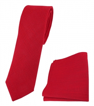 TigerTie - schmale Leinen Krawatte + Einstecktuch in rot einfarbig uni