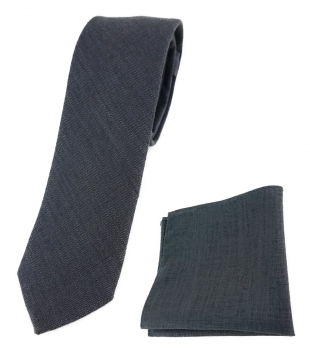 TigerTie - schmale Leinen Krawatte + Einstecktuch in anthrazit einfarbig uni
